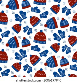 Pattern with winter hats and mittens. Vector illustration isolated on white background. For use in packaging, clothing stores, covers, prints, textiles and flarers, promotions.