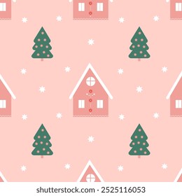 a pattern with a winter house, fir trees and snowmen and snowflakes