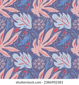A pattern with winter leaves and snowflakes. Soft, pastel colors. Texture, lines, ovals. Blue, Gray, Purple. Brush pen. For textiles. wrapping paper, etc.