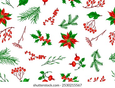 Pattern with winter plants. Merry Christmas and Happy New Year decoration.