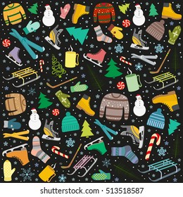 pattern with winter sports accessories, warm woolen clothing, Christmas trees symbols of Entertainment