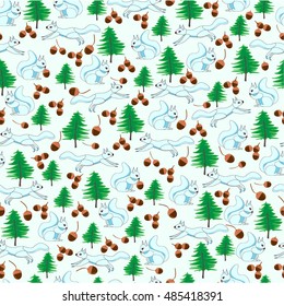 Pattern winter squirrels jump, sit with acorns and trees