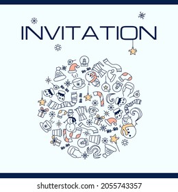 Pattern with winter things, snowmen, coffee, decorations, snowflakes. Print for holiday poster, greeting card, cover, banner, invitation. Natural fashionable design.