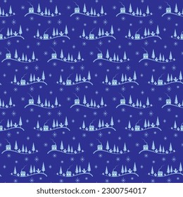 Muster mit Winterbäumen und Landhäusern. Vektorgrafik auf blauem Hintergrund. Neujahr und Weihnachtsdesign. Für Verpackungen, Umschläge und Broschüren, Stoffe und Kleidung, Wallpaper.