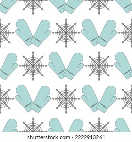 pattern of winter warm clothes mittens and snowflakes in line art style for gift wrapping, wrapping paper