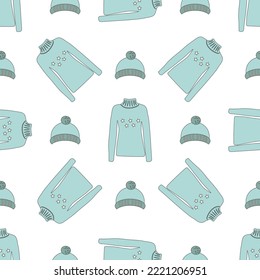 pattern of winter warm clothes sweaters and hats in line art style for gift wrapping, wrapping paper