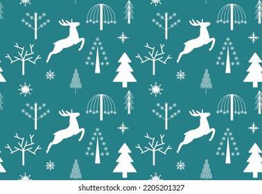 Pattern of winter white trees in geometric styl and flying deer