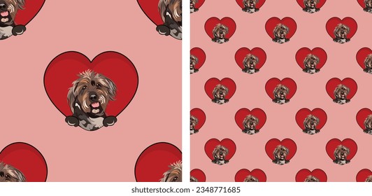 Pattern with Wirehaired Pointing Griffon dog with paws, Valentine's day wallpaper with hearts. Love heart with pet head holiday texture. Dog face looks out a Heart, Cartoon square red background.