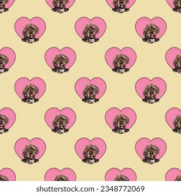 Pattern with Wirehaired Pointing Griffon dog with paws, Valentine's day wallpaper with hearts. Love heart with pet head holiday texture. Dog face looks out a Heart, Cartoon square yellow background.