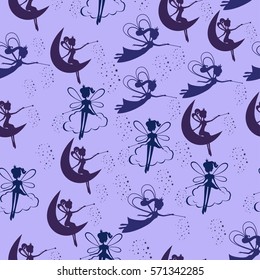 Pattern wit fairy.Seamless pattern with fairy for kid. Children's background for girls. Pattern for girl,  blue pattern with fairy.