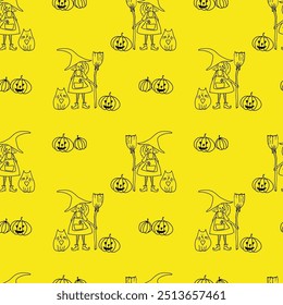 Pattern with witch and black cat on yellow background