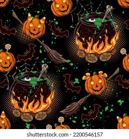 Pattern with witch cauldron with bubbling green liquid on the bonfire, bone, brooms, silhouette of bat, pumpkins like kids, little imps. Magic potion, symbol of witchcraft. Background in vintage style