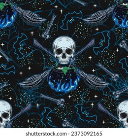 Pattern with witch cauldron with bubbling green potion, half skull, criss crossed brooms, silhouette of bat, distorted silhouette of spider web, bones, little stars. Witchcraft illustration. CMYK blue