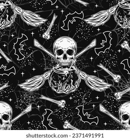 Pattern with witch cauldron with bubbling potion, half skull, criss crossed brooms, silhouette of bat, distorted silhouette of spider web, bones, little stars. Witchcraft illustration. Hand drawn