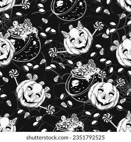 Pattern with witch cauldron full of traditional halloween candy, eyeballs, pumpkin heads like happy kids. Drops of goo, slime. Grunge silhouette of spider web behind