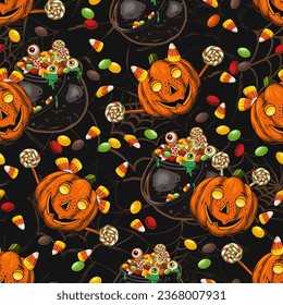 Pattern with witch cauldron full of traditional halloween candy, eyeballs, pumpkin heads like happy kids. Drops of green goo, slime. Grunge silhouette of spider web behind