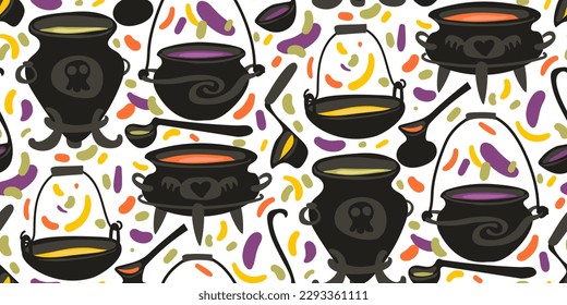 A pattern of witch cauldrons with colored potions and splashes of potion around. Cauldron, potion, ladle, spray. Background in the Halloween color scheme. Printing gift packaging, textiles. Abstract