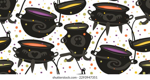 A pattern of witch cauldrons with colored potions and potion dots around. Cauldron, potion, sprayer. Background in the Halloween color scheme. Printing of gift packaging, textiles. Abstract, chaotic