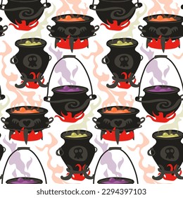 A pattern of witch cauldrons with colored potions, steam from cauldrons and fire. Cauldron, potion, sprayer. Background in the Halloween color scheme. Printing of gift packaging, textiles. Abstract