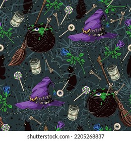 Pattern with witch hat, broomstick, cauldron with potion, roses, dollar roll, lollypop, eyes, black cat, strings of black pearls, silhouette of spider web behind. Symbols of witchcraft. Vintage style.