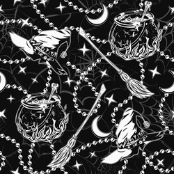 Pattern With Witch Witch Hat, Old Fashioned Broom, Cauldron With Potion On Fire, Crescent, Stars, Strings Of Pearls, Silhouette Of Spiderweb Behind. Symbols Of Witchcraft. Vintage Style.