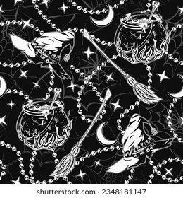 Pattern with witch witch hat, old fashioned broom, cauldron with potion on fire, crescent, stars, strings of pearls, silhouette of spiderweb behind. Symbols of witchcraft. Vintage style.