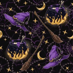 Pattern With Witch Purple Hat, Old Fashioned Broom, Cauldron With Potion On Fire, Gold Crescent, Stars, Strings Of Black Pearls, Silhouette Of Spiderweb Behind. Symbols Of Witchcraft. Vintage Style.