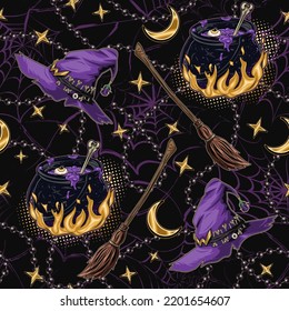 Pattern with witch purple hat, old fashioned broom, cauldron with potion on fire, gold crescent, stars, strings of black pearls, silhouette of spiderweb behind. Symbols of witchcraft. Vintage style.