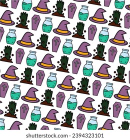 A pattern with witches and witches hats suitable for Halloween-themed designs such as invitations, wrapping paper, and digital backgrounds for social media posts and websites.