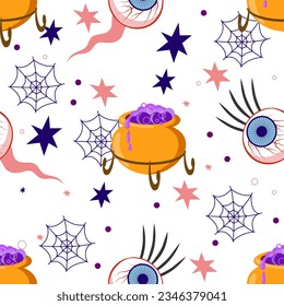patrón con cauldron de bruja y globos oculares hallowen ilustración vectorial.