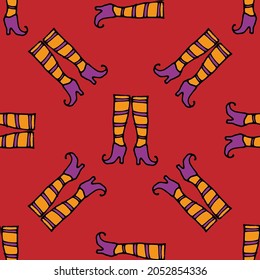 A pattern of a witch's legs in a flat style. Seamless pattern hand-drawn women's legs in the style of doodles, in orange stockings with purple stripes, purple heels, on red for Halloween design 