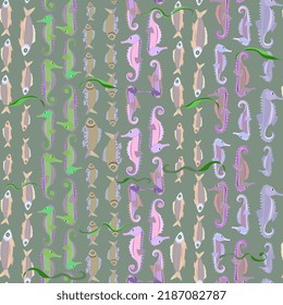 un patrón sin fondo de peces coloridos y caballitos de mar