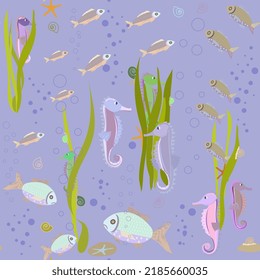a pattern without a background of colorful seashells and seahorses