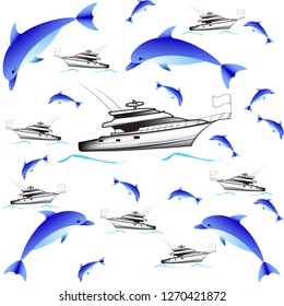 The pattern, without a background, for the design of websites, building walls. The image of dolphins and boats in the sea, used for the pattern.