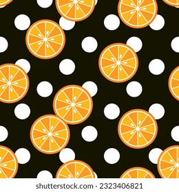 Pattern witn big polka dot ornament, orange slices on black background. Simple, conspicuous, bright illustration. For prints, clothing, surface design.