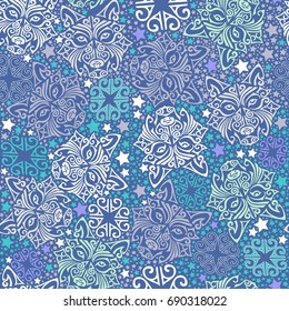Pattern with wolf or husky dog head stylized Maori face tattoo. Dog is symbol of 2018 year. Vector.