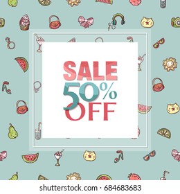 Pattern with woman fashion accessories - freehand drawing of glamour lifestyle elements. Design of Summer Sale label, poster, banner