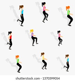 Pattern with a woman jumping i the gym. Vector illustration of beautiful young girls with long shadow. Fitness background theme.