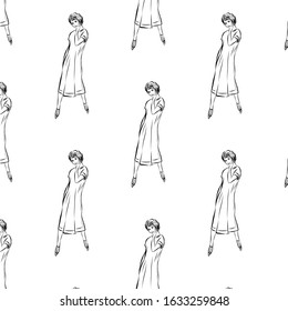 Pattern Of A Woman In Retro Style Dressed In Long Dress. Lady In Vintage Style From The Nineteenth Century.