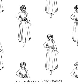 Pattern Of A Woman In Retro Style Dressed In. Long Dress. Lady In Vintage Style From The Nineteenth Century. 