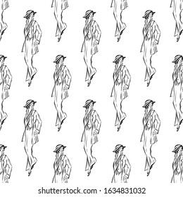 Pattern of a woman in retro style dressed in. Lady in vintage style from the nineteenth century. Drawing for coloring. Graphic female silhouette.