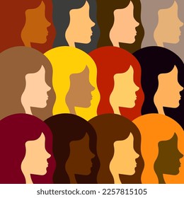 Pattern with woman silhouettes, different skin tones and hair colors, international women's day vector illustration.