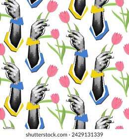 Pattern of a woman's hand on repeat with a flower. Vector illustration of female hands holding flowers highlighted on white. Elegant floral texture with tulips Happy Women's Day. Dots, grunge, collage