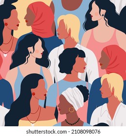 Pattern of women of different nationalities ethnicity and hairstyle. Female diverse portraits. International Women's day, 8 March design. Women's friendship, sisterhood. Vector illustration