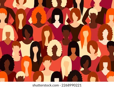 Pattern with women of different races and ethnicities. Concept of female friendship, support and movement for women's rights. International Women's Day. Vector flat illustration