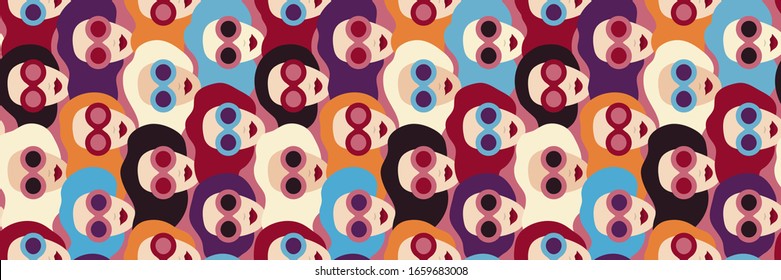 Pattern with women for International womens day (IWD). March 8 - women's rights Day and femininity day. Greeting card, banner. Flat design. Woman in sunglasses of different nationalities. Vector.