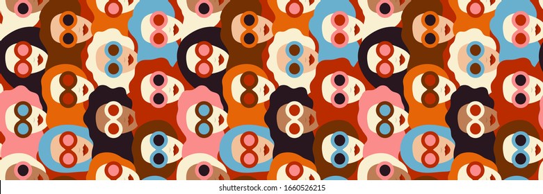 Pattern with women for International women's day (IWD). March 8 - women's rights Day and femininity day. Greeting card, banner. Flat design. Woman in sunglasses of different nationalities. Vector.