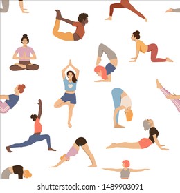 Pattern with women practicing yoga. Isolated female in different yoga poses on white background. Healthy lifestyle. Hand drawn flat coloured vector illustration