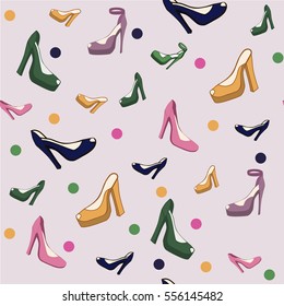 pattern women  shoes  in different colors and styles, blue, pink, brown, green