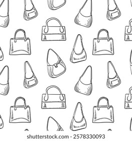 Pattern of Women's bag drawing by hand. Vector seamless pattern handbag. Line sketch illustration. For fashion fabric, packaging, decoration, wallpaper.